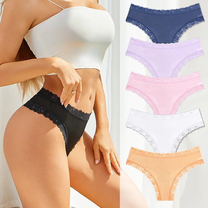 Set 5 pezzi perizomi donna vita media contrasto pizzo floreale – mutandine traspiranti sexy low-waist da S a XXL