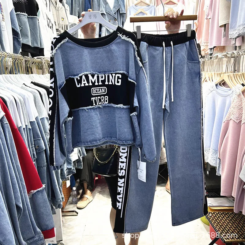 Completo Donna Denim Patchwork – Felpa + Pantaloni Streetwear Casual