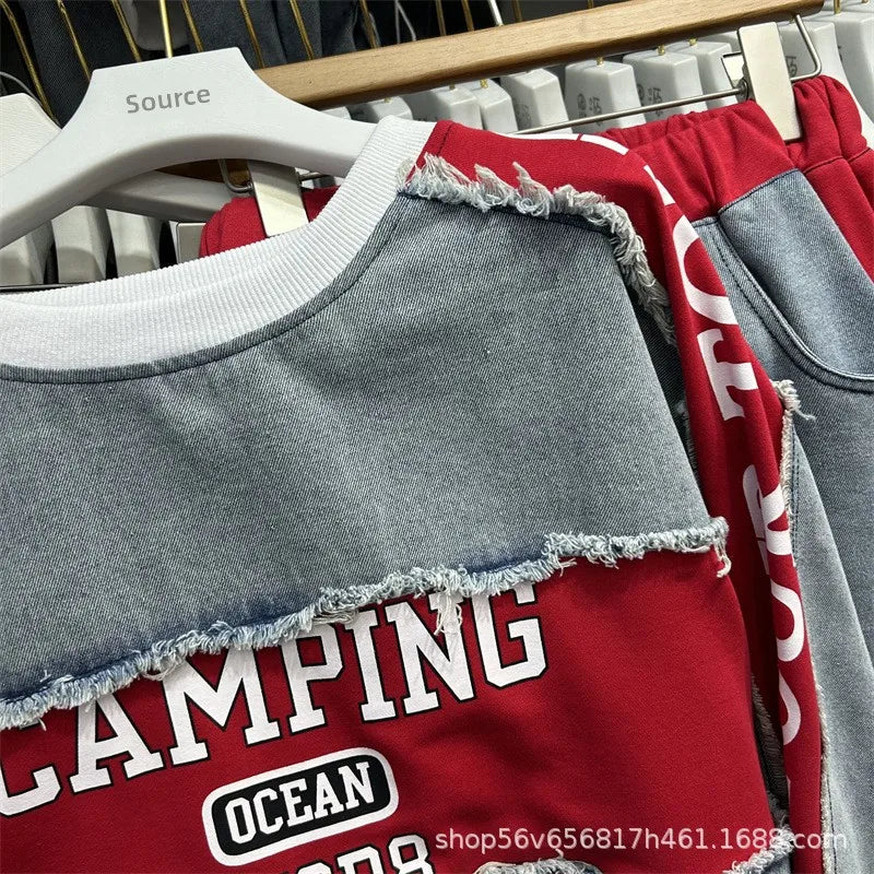 Completo Donna Denim Patchwork – Felpa + Pantaloni Streetwear Casual