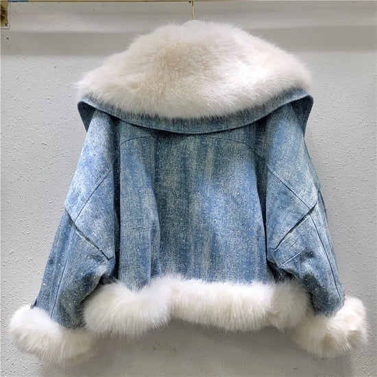 Parka imbottito donna con collo in pelliccia sintetica volpe + perline & strass – giacca elegante con beading 2025
