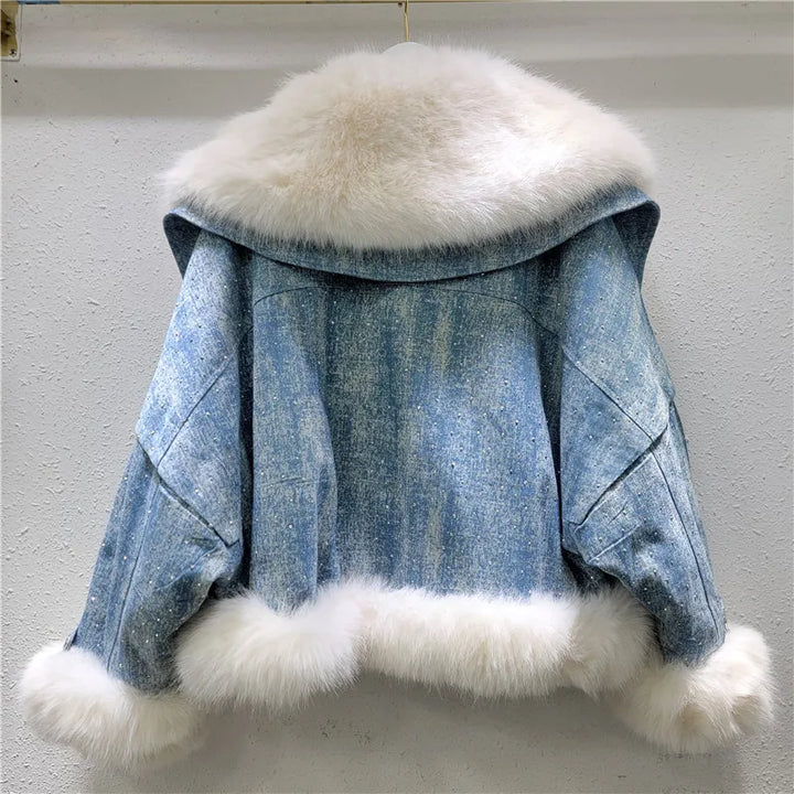 Parka imbottito donna con collo in pelliccia sintetica volpe + perline & strass – giacca elegante con beading 2025