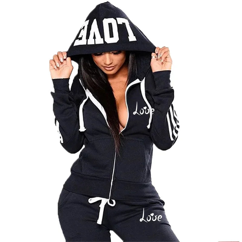 Set tuta donna autunno/inverno 2025 – Felpa con cappuccio + pantaloni con stampa “Love Letter”, outfit sportivo fashion