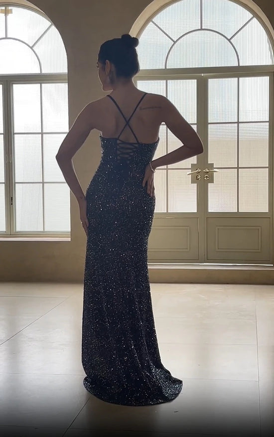 Abito Lungo Elegante Sirena con Paillettes – Scollo a V e Spacco Alto per Cerimonie e Gala