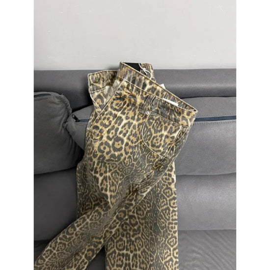 Jeans baggy vita alta leopardato donna – pantaloni oversize Y2K da strada con tasche casual 2025