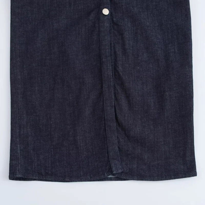 Vestito midi in denim “1975 Series” – abito donna con rever, zip laterale e vita effetto plissé