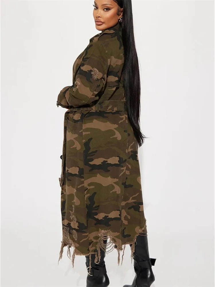 Trench camouflage oversize da donna | stile streetwear, lungo e ripped – taglie S-2XL