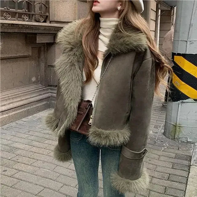 Giacca biker in pelle scamosciata donna con fodera in pelliccia sintetica – Cappotto corto casual slim fit per autunno e inverno