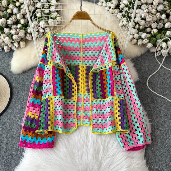Cardigan multicolore crochet donna – Maglione traforato patchwork openwork