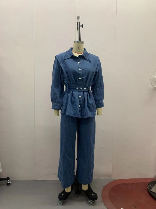 Tuta denim donna 2025 – giacca lunga a maniche lunghe + pantaloni a gamba ampia di alta qualità, stile autunnale