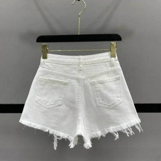 Shorts jeans donna strappati con strass – Vita alta estate 2025