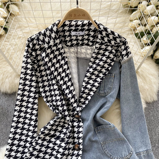 Giacca patchwork in denim con rever 2025 – blazer overshirt donna doppio bottone, vita slim, stile commuter