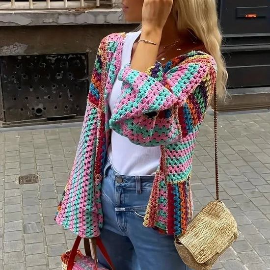 Cardigan multicolore crochet donna – Maglione traforato patchwork openwork