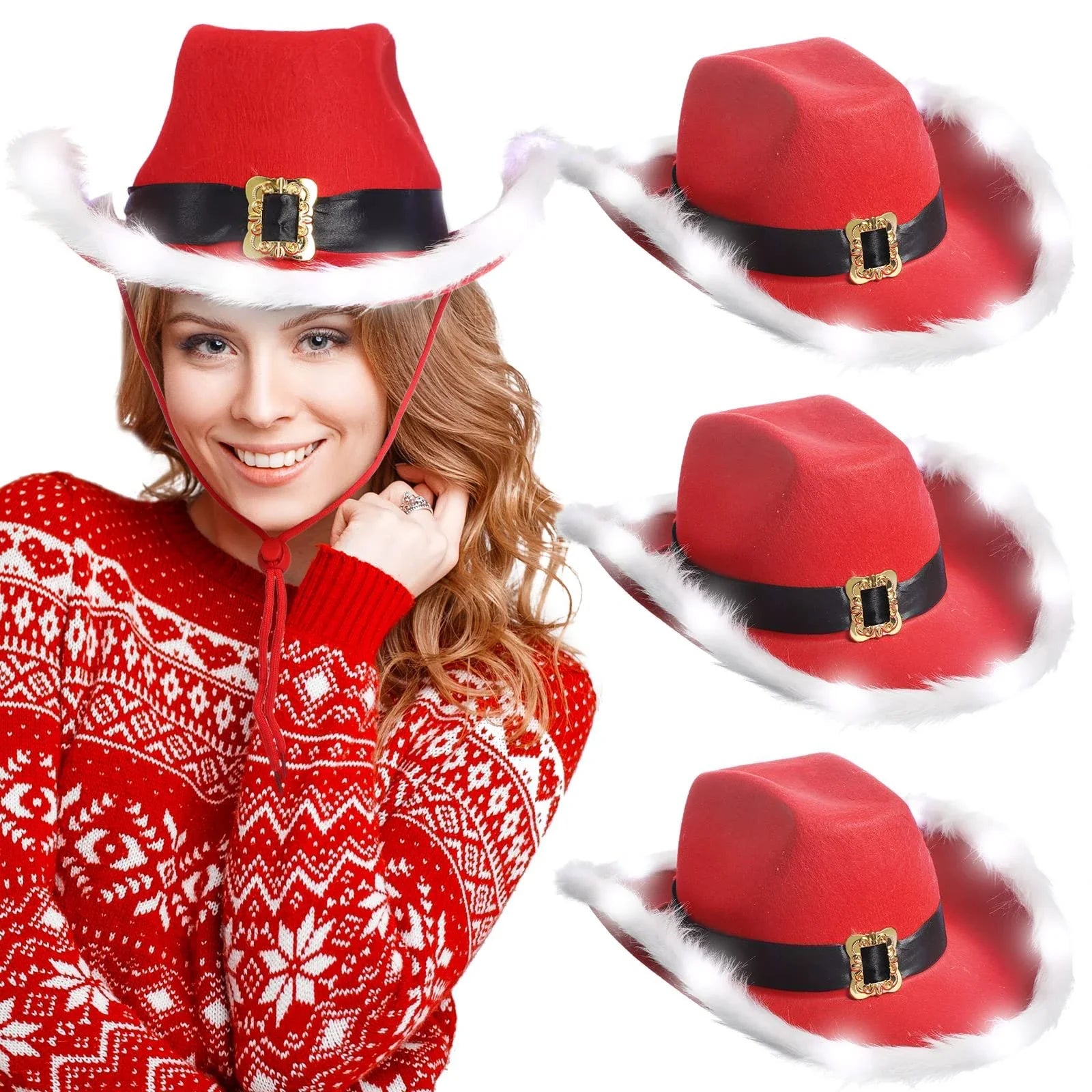 Cappello cowboy “Babbo Natale” rosso in feltro con tesa larga – floccato, unisex per festa western natalizia 2025