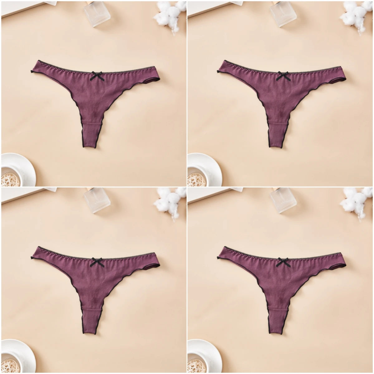 Set 4 pezzi perizomi donna in cotone – solid color, vita bassa, fascia T-back con fiocco, underwear comodo quotidiano