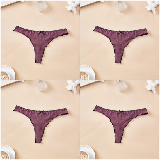 Set 4 pezzi perizomi donna in cotone – solid color, vita bassa, fascia T-back con fiocco, underwear comodo quotidiano