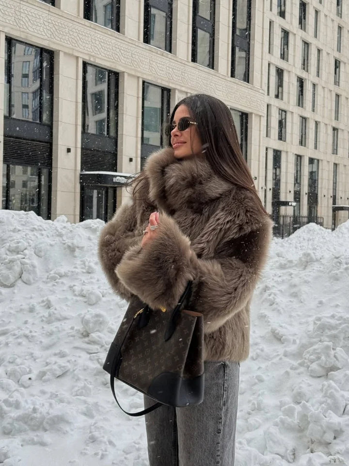 Giacca corta in pelliccia sintetica marrone donna 2025 – maniche lunghe, collo alto, stile urbano e caldo
