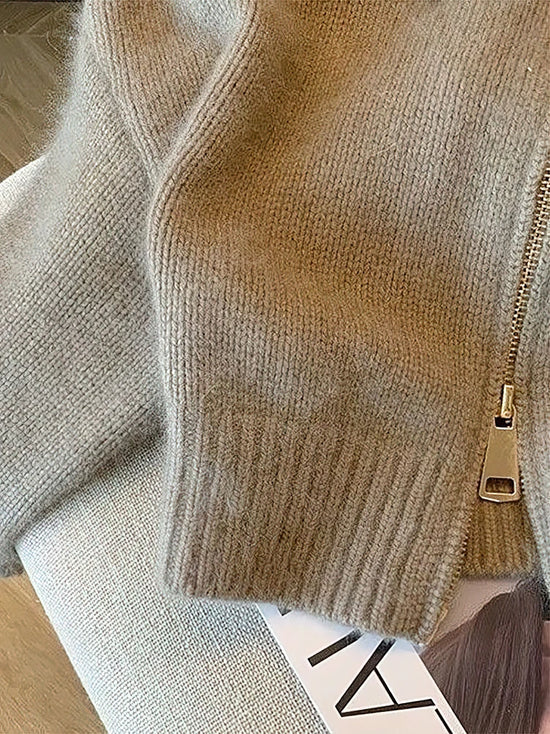 Cardigan cropped patchwork con zip donna – Maglione spesso 400 g, stile vintage / knit bomber corto