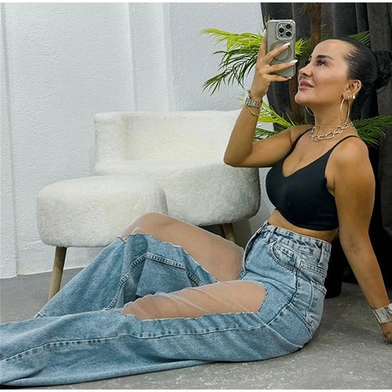 Jeans donna 2025 con pannelli mesh al ginocchio – denim hip-hop a vita alta, stile streetwear trasparente