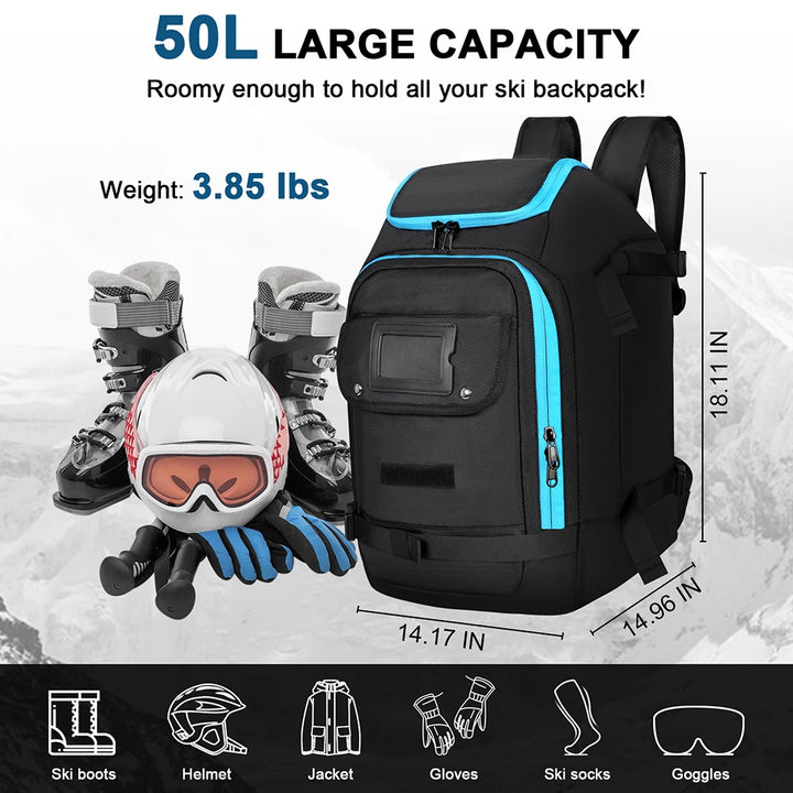 Zaino da viaggio sci/snowboard 50 L impermeabile – borsa scarponi & casco, scomparto wet/dry, trasporto attrezzatura neve