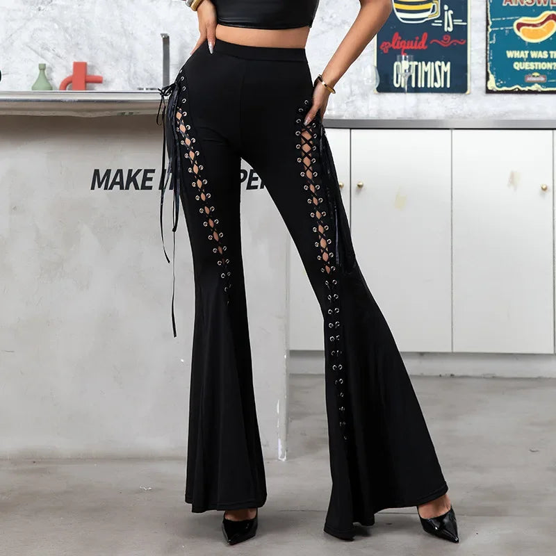 Pantaloni Donna in Pizzo Flare – Vita Alta Sexy con Design Cut-Out
