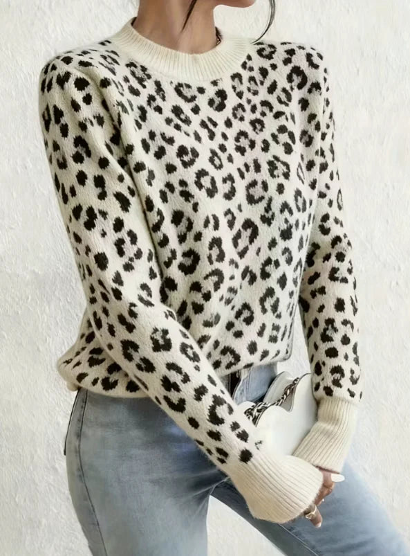 Maglione leopardato donna girocollo a maniche lunghe - Bianco (WHITE)