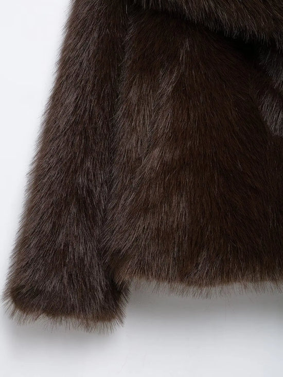 Giacca in pelliccia sintetica marrone con scollo a V per donna – Giacca lunga a maniche lunghe, stile casual elegante per l'autunno/inverno