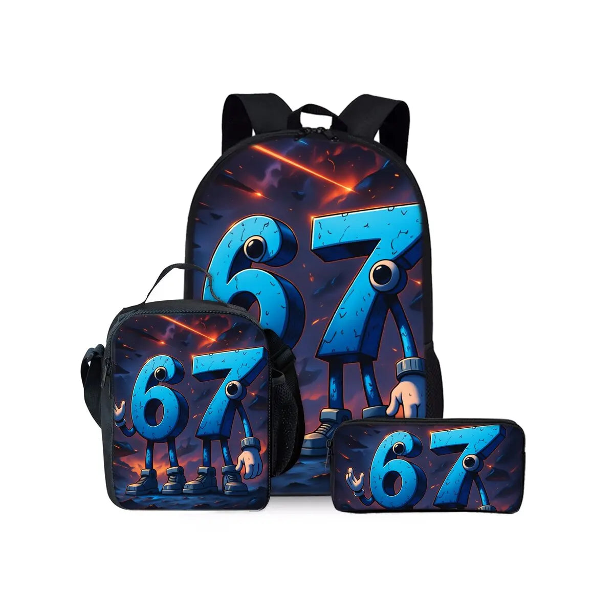 New Colorful Number 67 Print Three Piece Set Backpacks for Boy and Girls Best Gifts 2D Flat Cartoon School Bag for Children