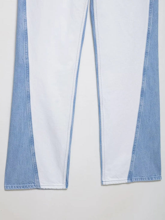 Set patchwork denim donna 2025 ‒ completo giacca monopetto + pantaloni wide-leg, look autunnale fashion con tasche