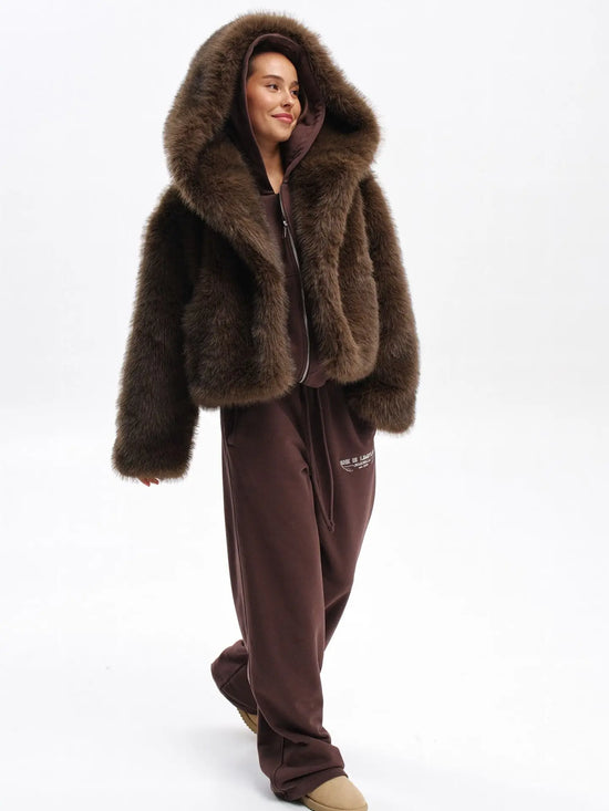 Pelliccia sintetica donna marrone con cappuccio