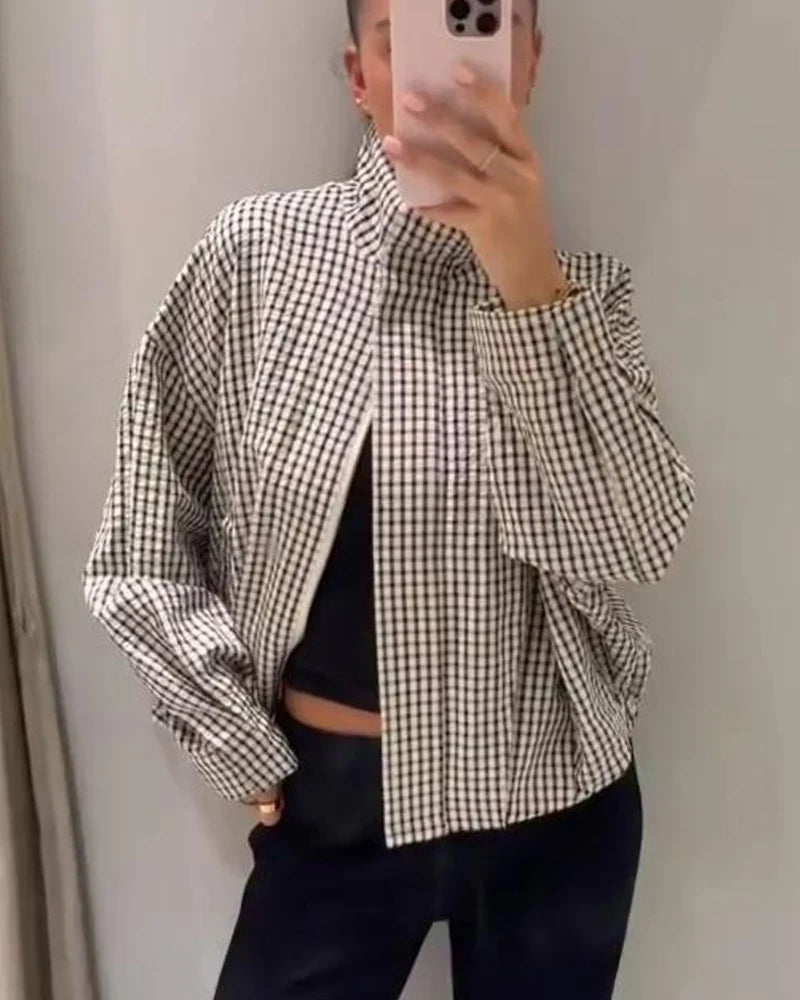 Giacca donna a quadri con collo alto e zip
