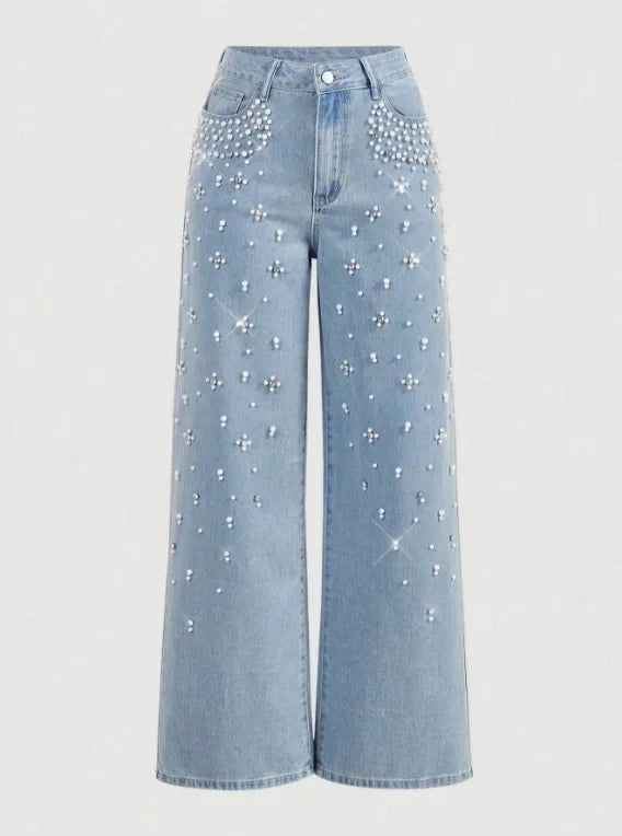 Jeans vita alta donna 2025 – denim lavaggio washed, gamba dritta con applicazioni in perle, stile trendy casual