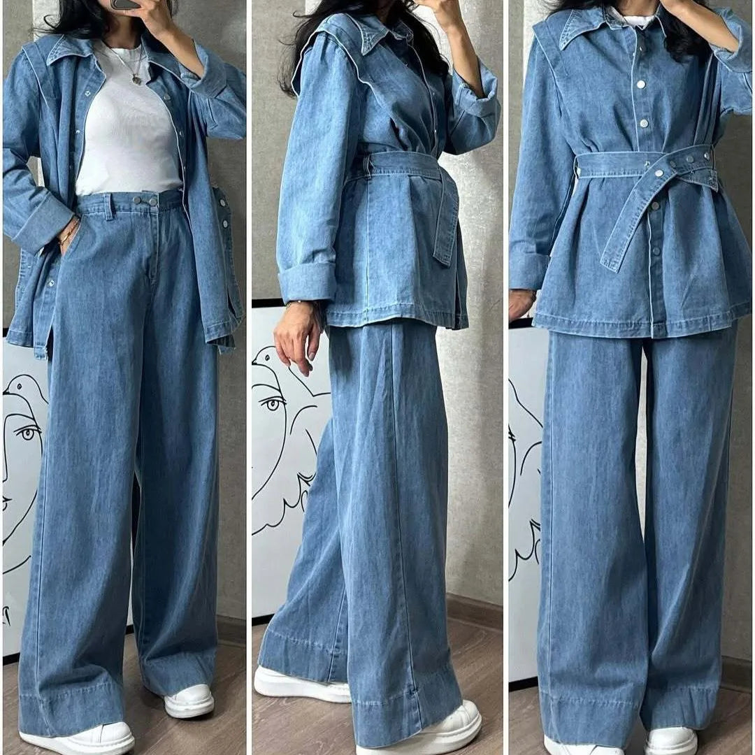 Tuta denim donna 2025 – giacca lunga a maniche lunghe + pantaloni a gamba ampia di alta qualità, stile autunnale