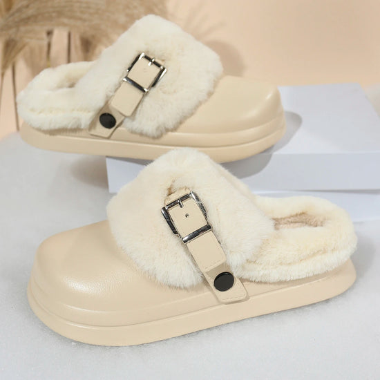 Women EVA Thick Sole Fur Slippers Closed Toe Fluffy Warm Home Slippers Woman Buckle Fashion Slip-on Cover Head Cotton Slippers