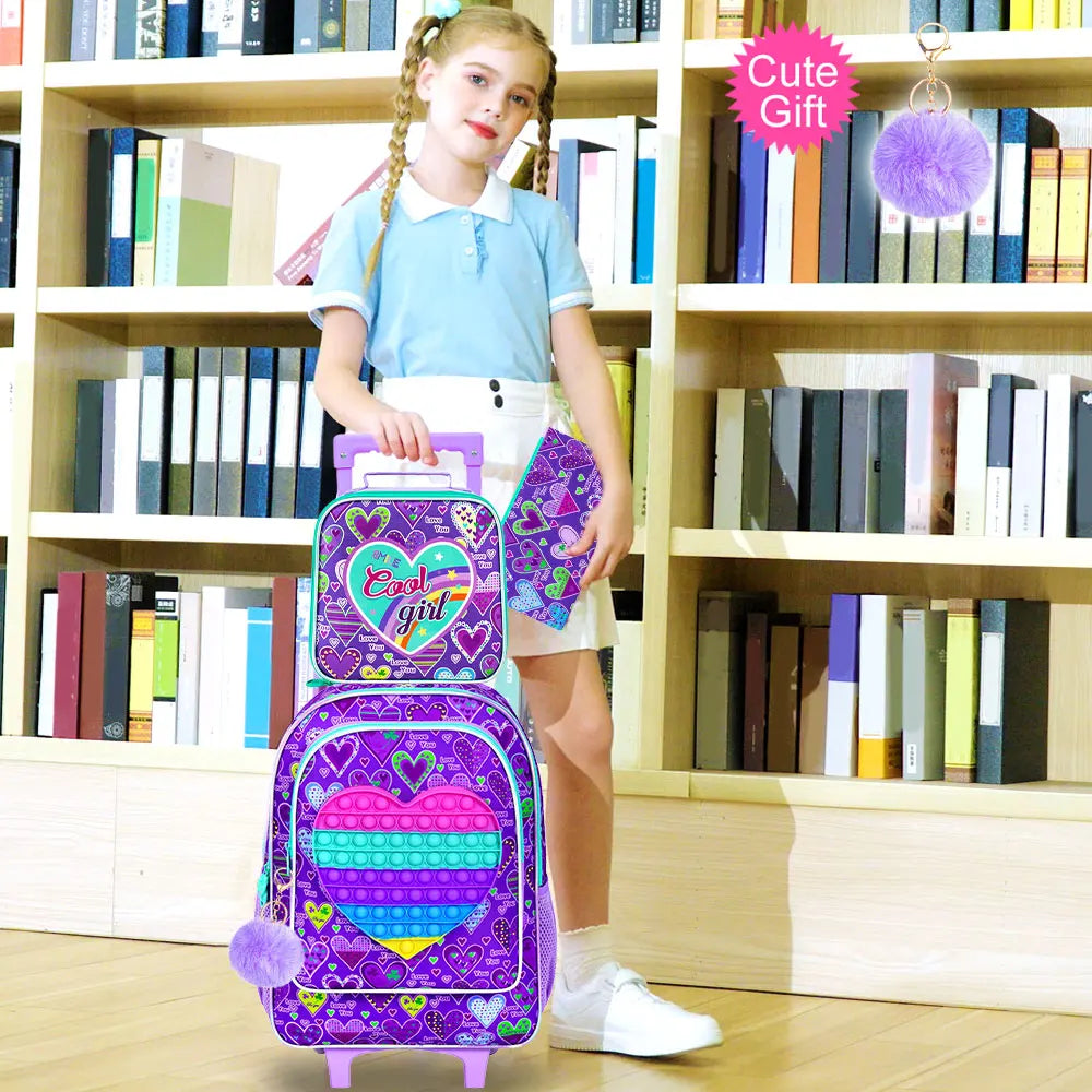 3PCS Rolling Backpack for Girls, Kids Roller Wheels Bookbag, Wheeled School Bag with Lunch Bag - Heart Purple