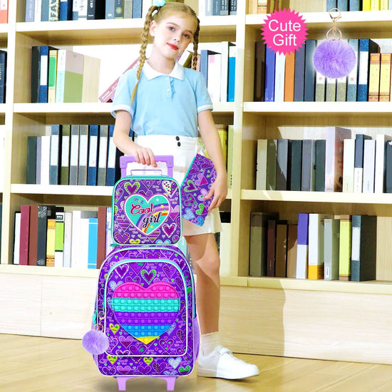 3PCS Rolling Backpack for Girls, Kids Roller Wheels Bookbag, Wheeled School Bag with Lunch Bag - Heart Purple