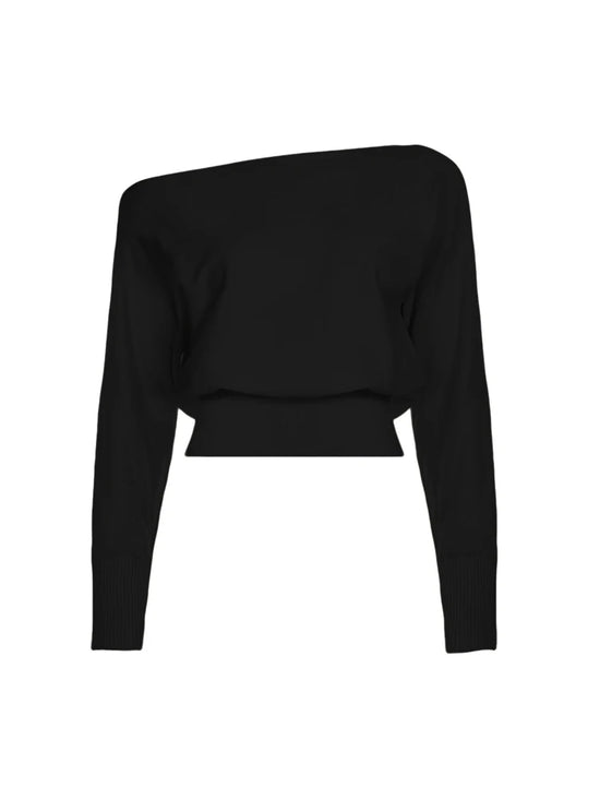 Maglione donna asimmetrico a collo alto e maniche lunghe