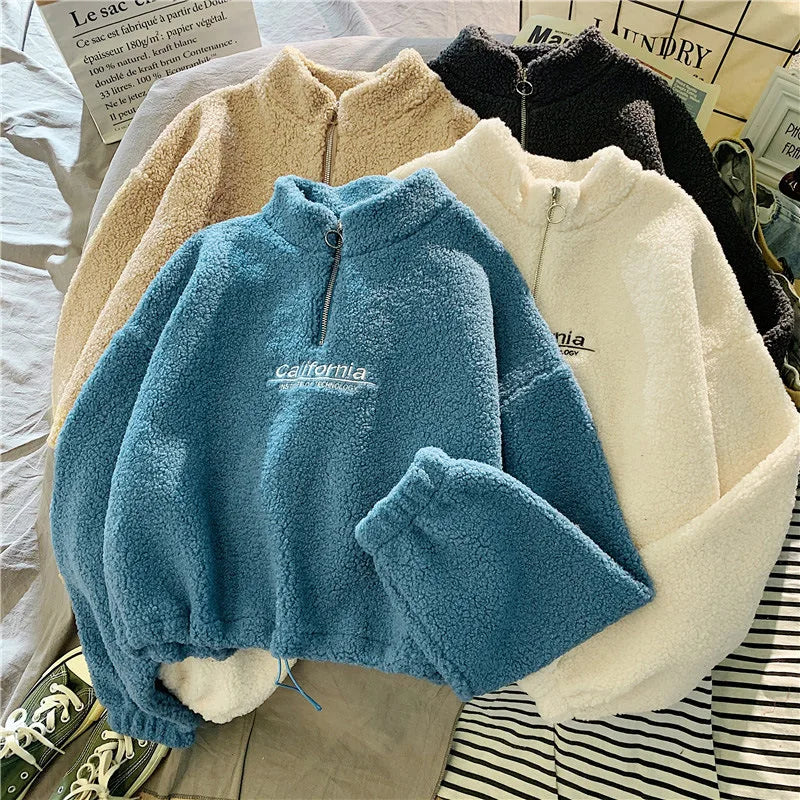Felpa donna in pile con collo alto, zip e coulisse