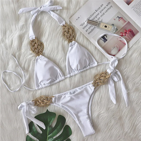Bikini 2025 – Set Brasiliano Elegante con Nodo Oro, S–XL