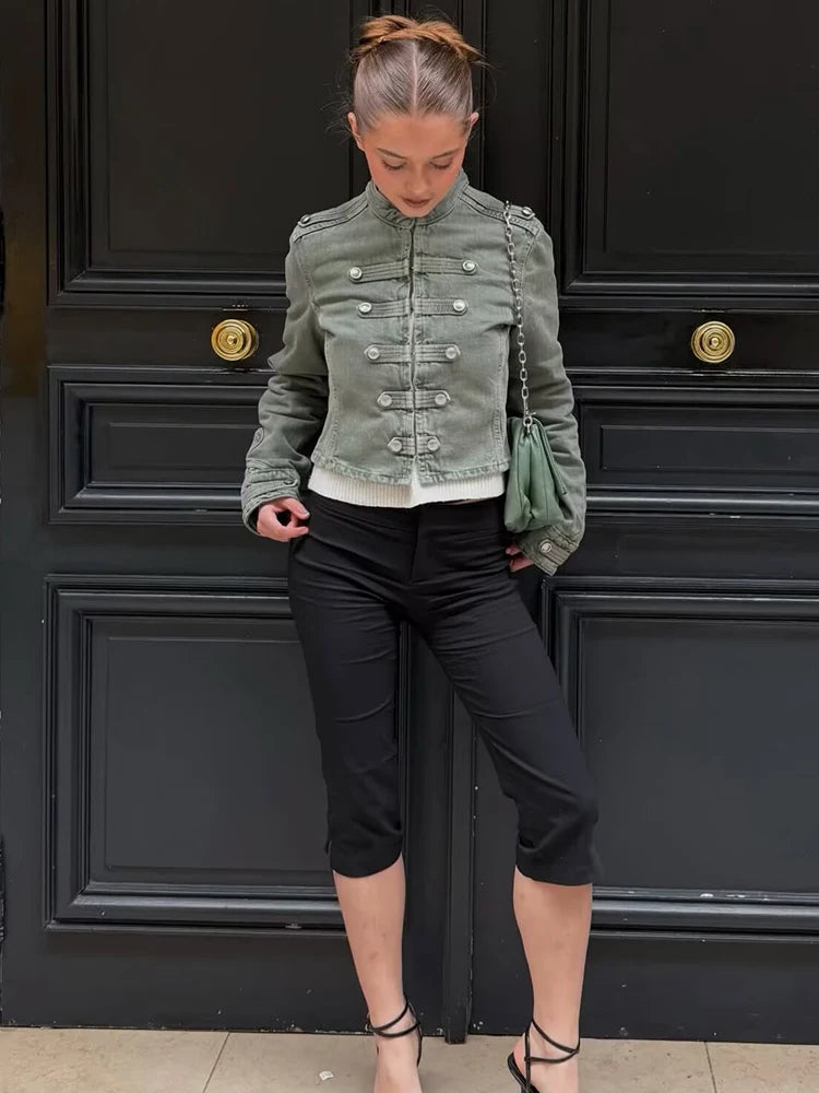 Giacca Corta Donna Effetto Denim con Bottoni e Collo Tondo