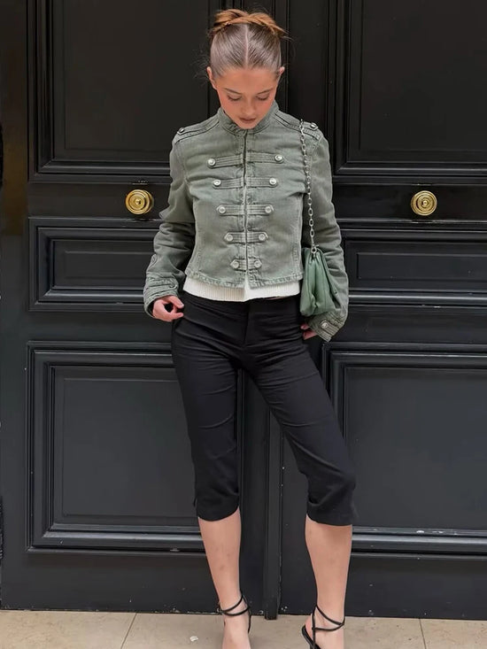 Giacca Corta Donna Effetto Denim con Bottoni e Collo Tondo