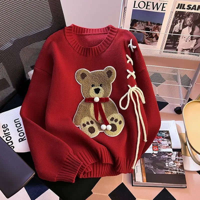Pullover da donna – Maglione girocollo con orso, taglio loose knit autunno/inverno
