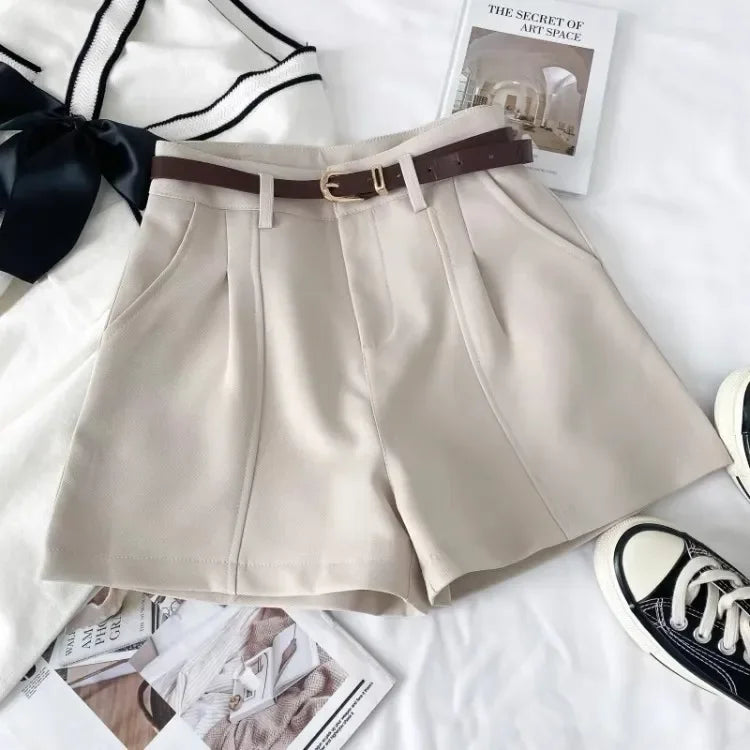 Pantaloncini donna vita alta stile coreano – gamba larga A‑line in cotone 2025