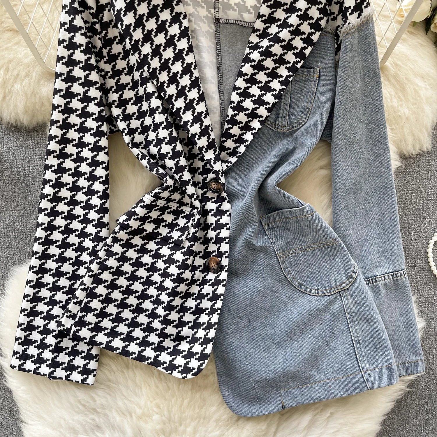 Giacca patchwork in denim con rever 2025 – blazer overshirt donna doppio bottone, vita slim, stile commuter