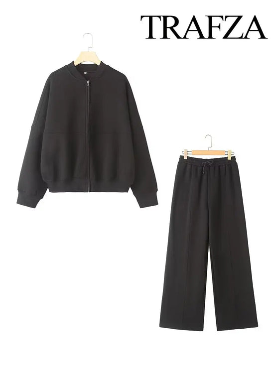 Completo donna autunnale con bomber corto e pantaloni palazzo vita alta – Outfit 2 pezzi