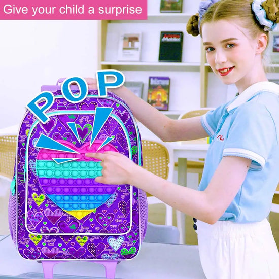 3PCS Rolling Backpack for Girls, Kids Roller Wheels Bookbag, Wheeled School Bag with Lunch Bag - Heart Purple