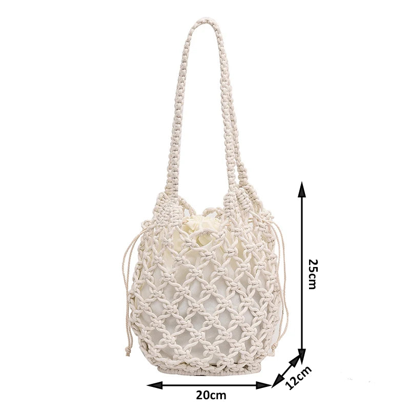 Borsa a secchiello in paglia intrecciata a mano – con coulisse e tracolla, perfetta per spiaggia e shopping