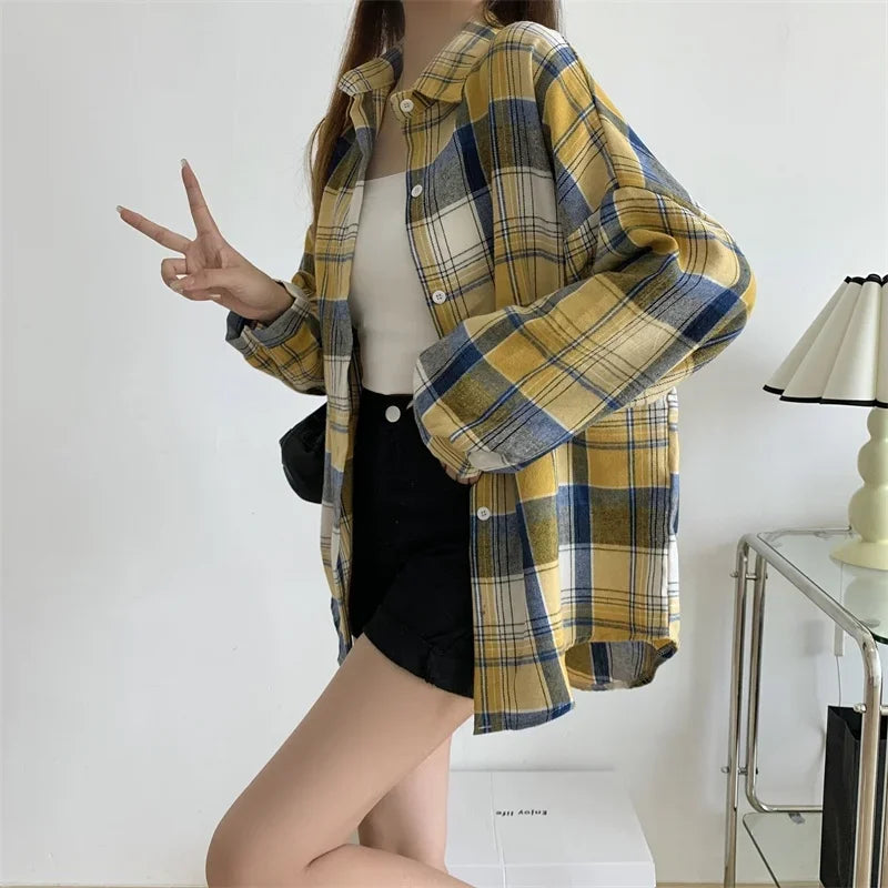 Camicia a quadri donna autunno 2025 – camicia manica lunga stile preppy vintage, taglio loose, single-breasted
