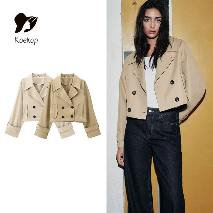 Giacca Trench Corto Donna Colore Unito, Stile Vintage Casual Chic – Giubbotto Elegante