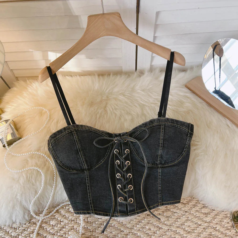 Top Denim Corsetto con Reggiseno Integrato – Crop Top Donna