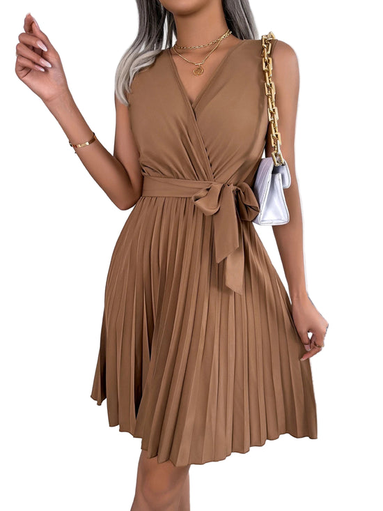 Abito estivo donna V‑neck senza maniche con gonna plissettata al ginocchio – stile casual chic